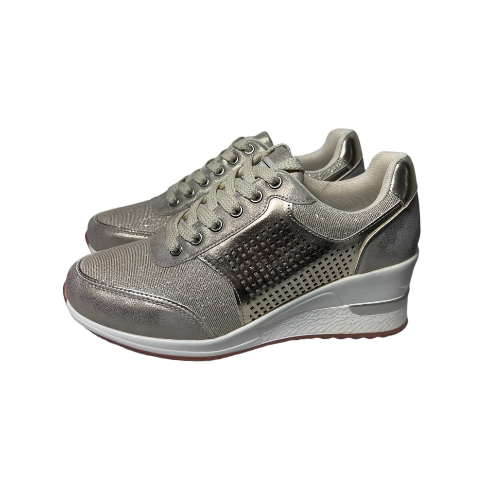 Cestfini Metallic Silver Wedge Sneakers Sparkle Platform Size 38.5 (US 7.5)
